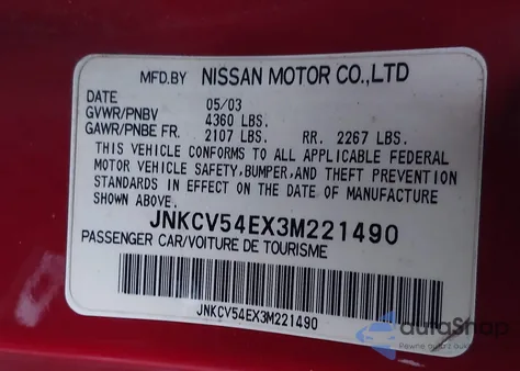 2003 Infiniti G35 Base W/Leather z USA, uszkodzony, nr VIN JNKCV54EX3M221490